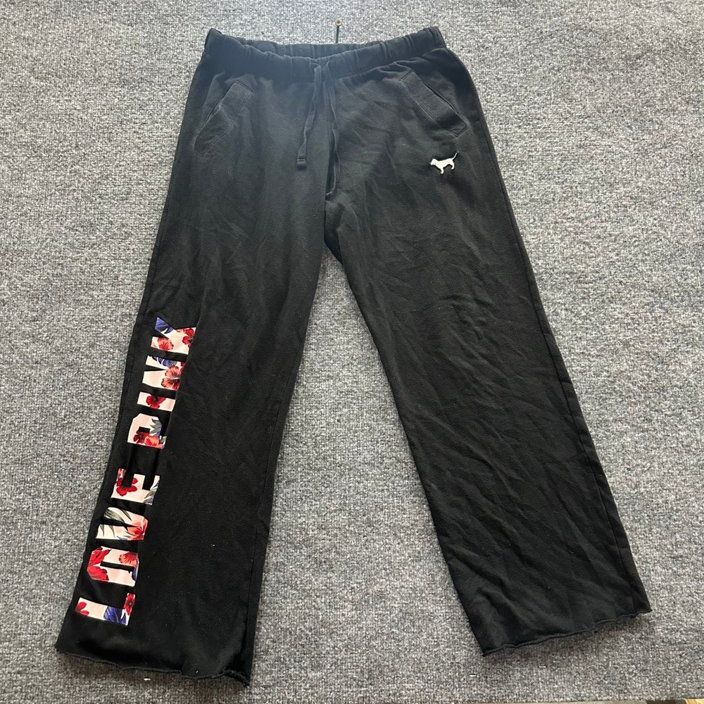PINK Sweatpants Womens Size S Black Wide Leg Casual Fleece Lounge Stain